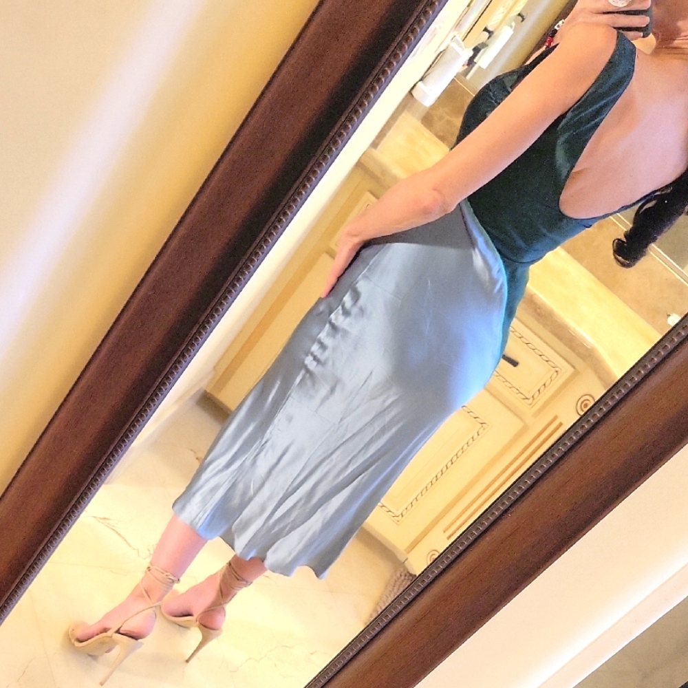 Lattelier 100% Silk Green/Gray  Sheath Midi Dress for Night Out w/ Front Slit, S - Picture 6 of 16